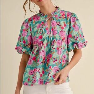 JODIFL Pink and Green Floral Blouse